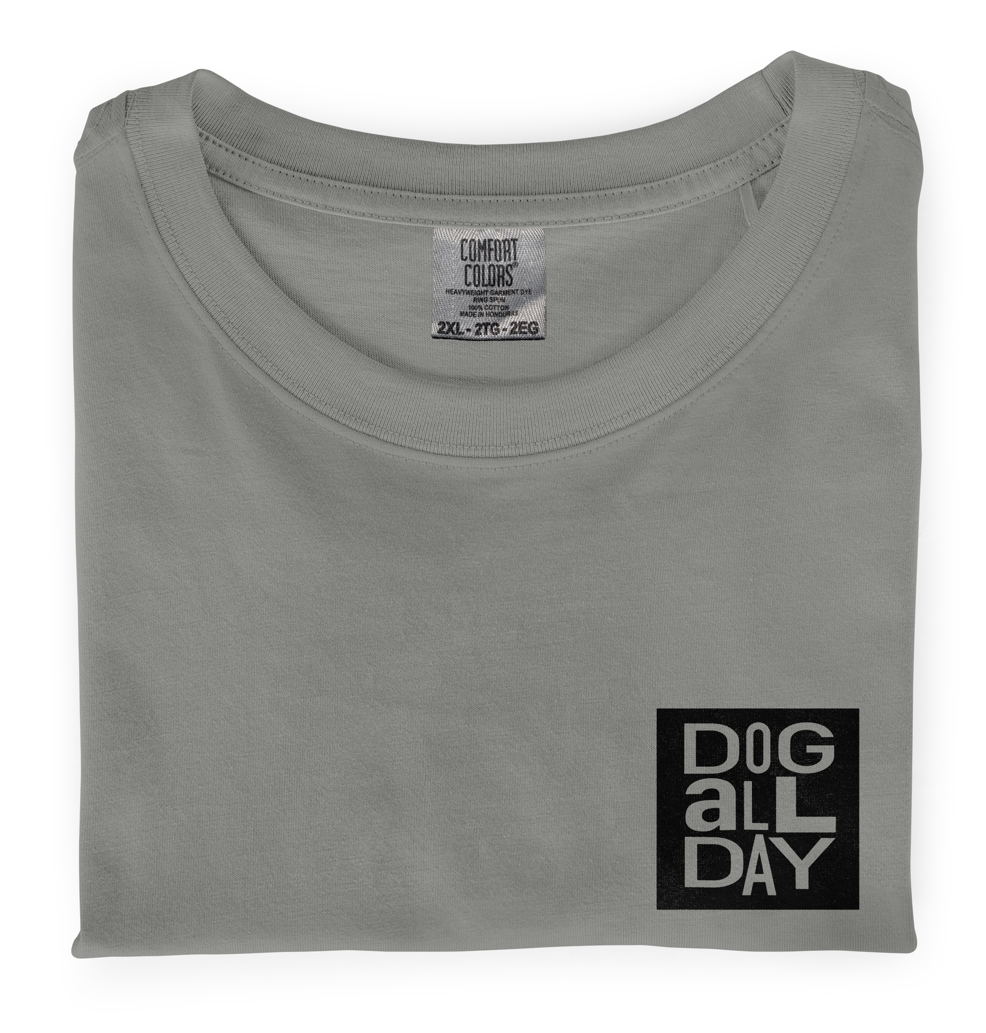 Folded grey comfort colors t-shirt with a screen printed heart print graphic on the front.