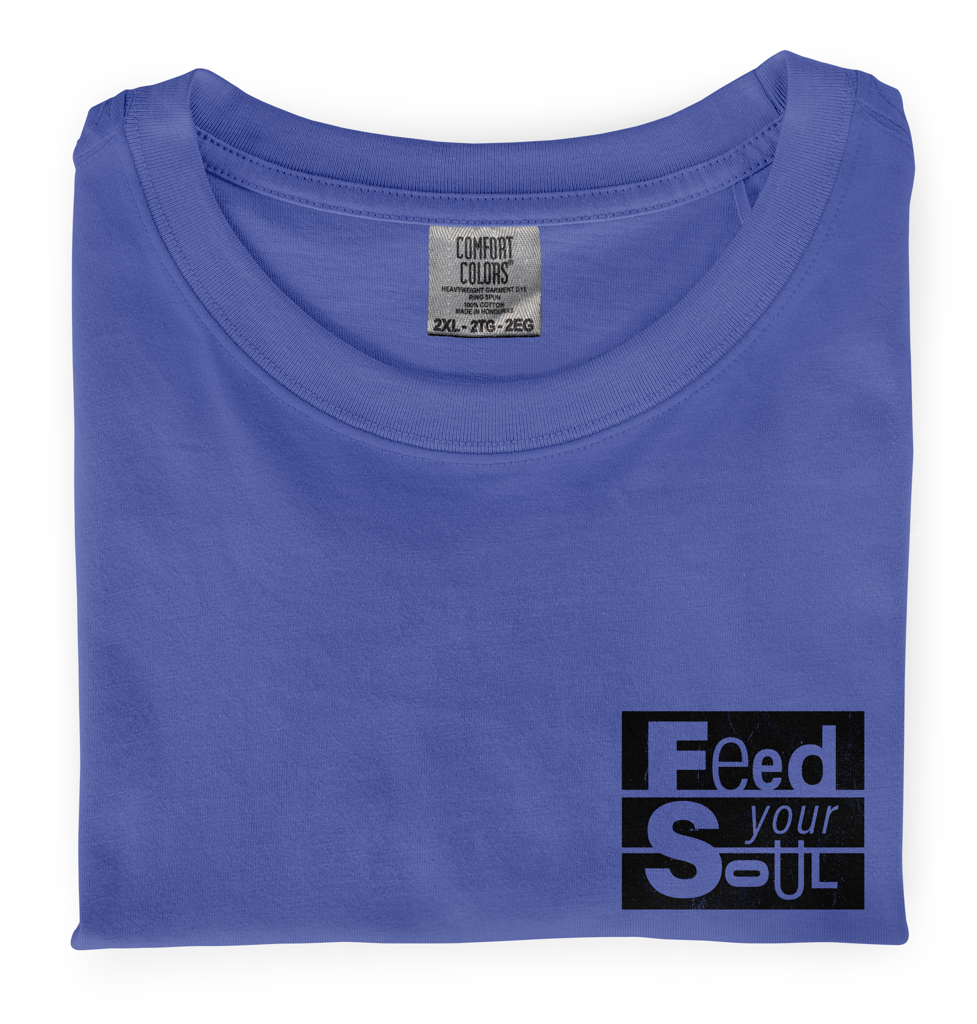 A close-up photo of a Flo-Blue colored Comfort Colors T-shirt with a screen printed graphic heart print on the front.