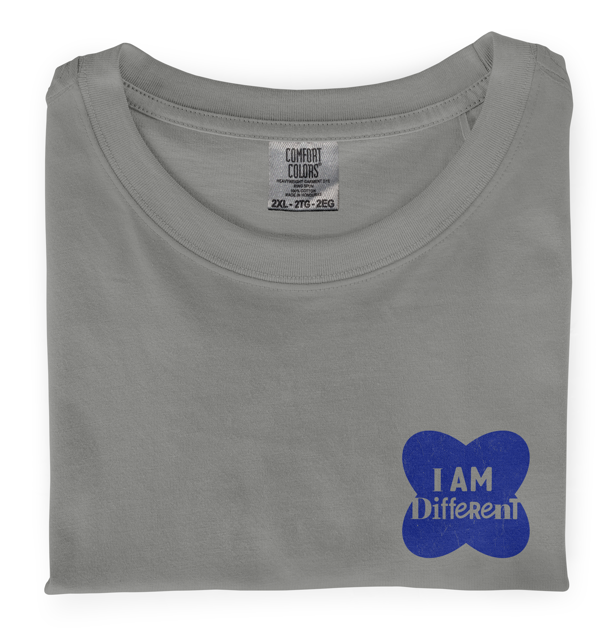 Close-up photo of a folded grey colored t-shirt with a graphic printed on the front chest that says I Am Different.