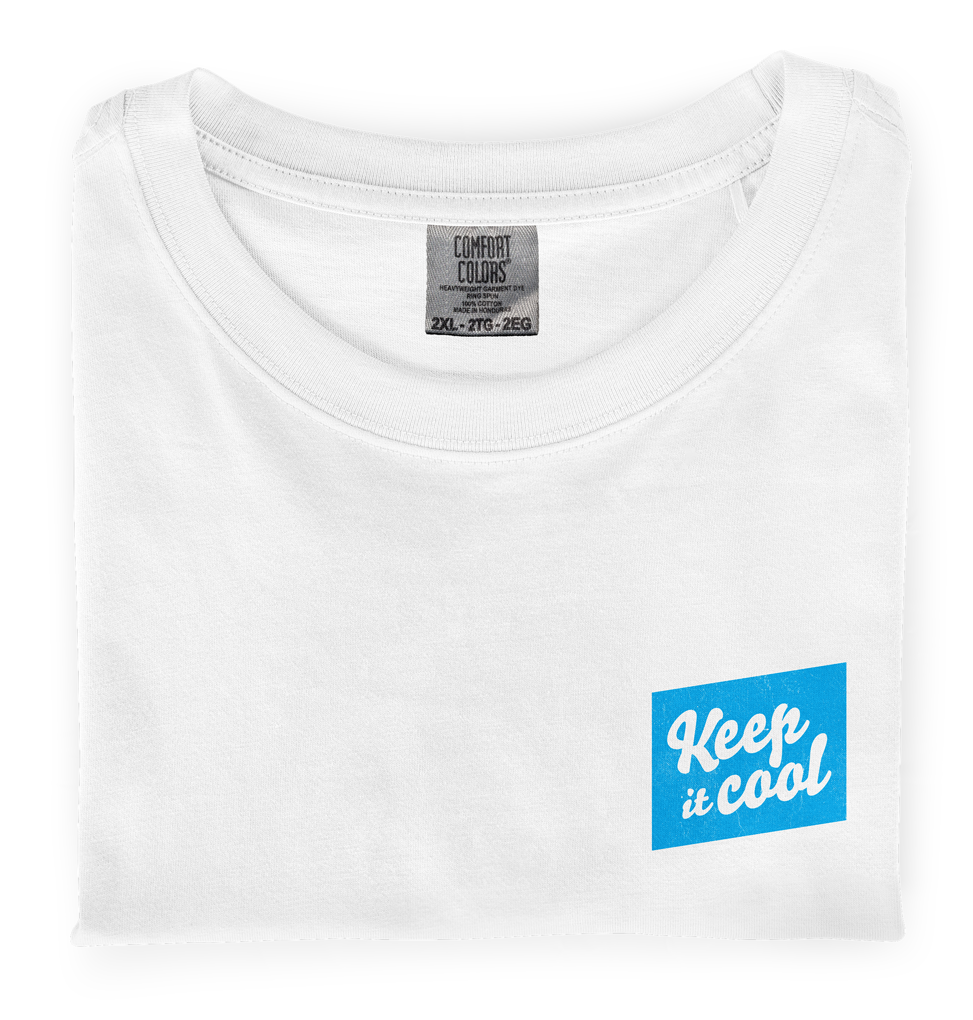 A close-up photo of a folded, white colored dyed-ink comfort colors t-shirt with a front chest screen printed graphic that says Keep It Cool 