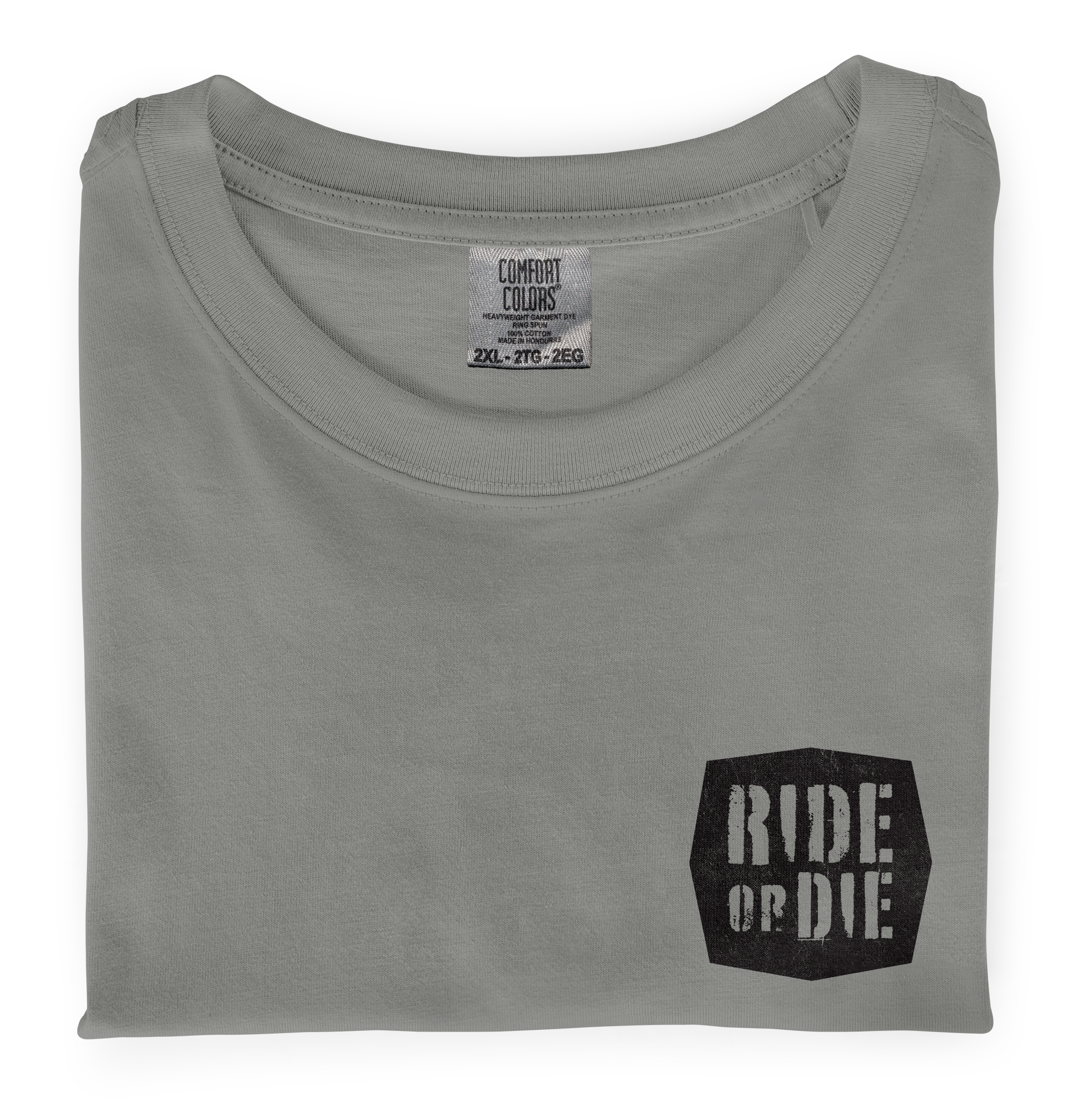 Close-up photo of a folded grey t-shirt with a graphic printed on the front chest that says Ride or Die on it.
