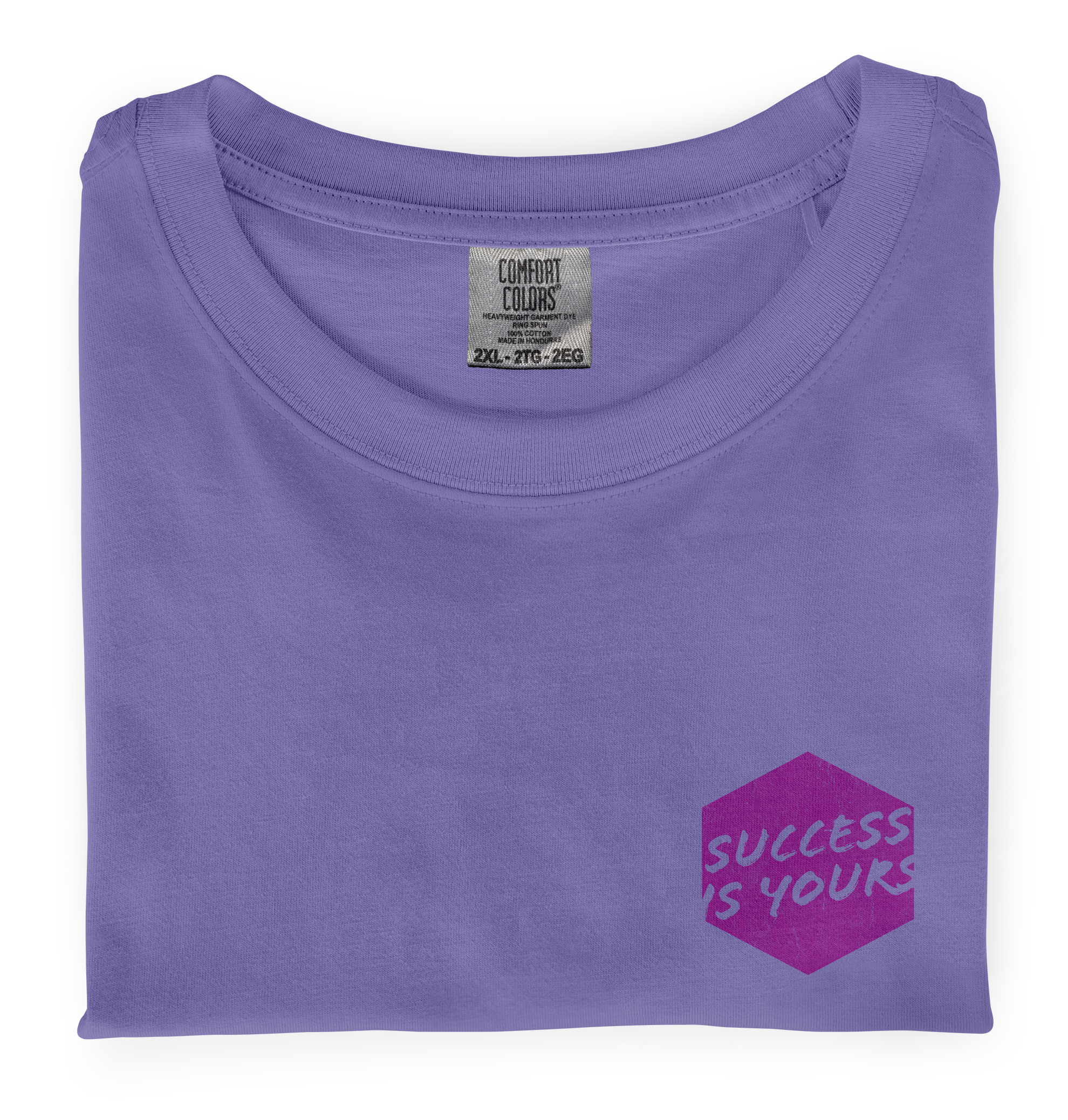 Close-up photo of a folded violet colored t-shirt with a graphic printed on the front chest that says Success is Yours.