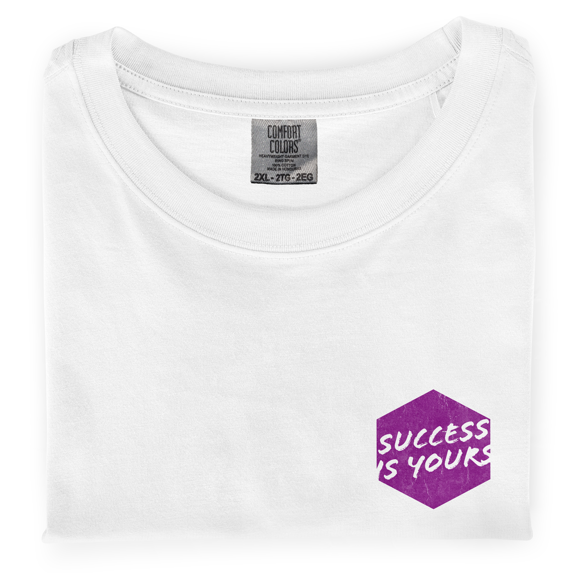 Close-up photo of a folded white colored t-shirt with a graphic printed on the front chest that says Success is Yours.