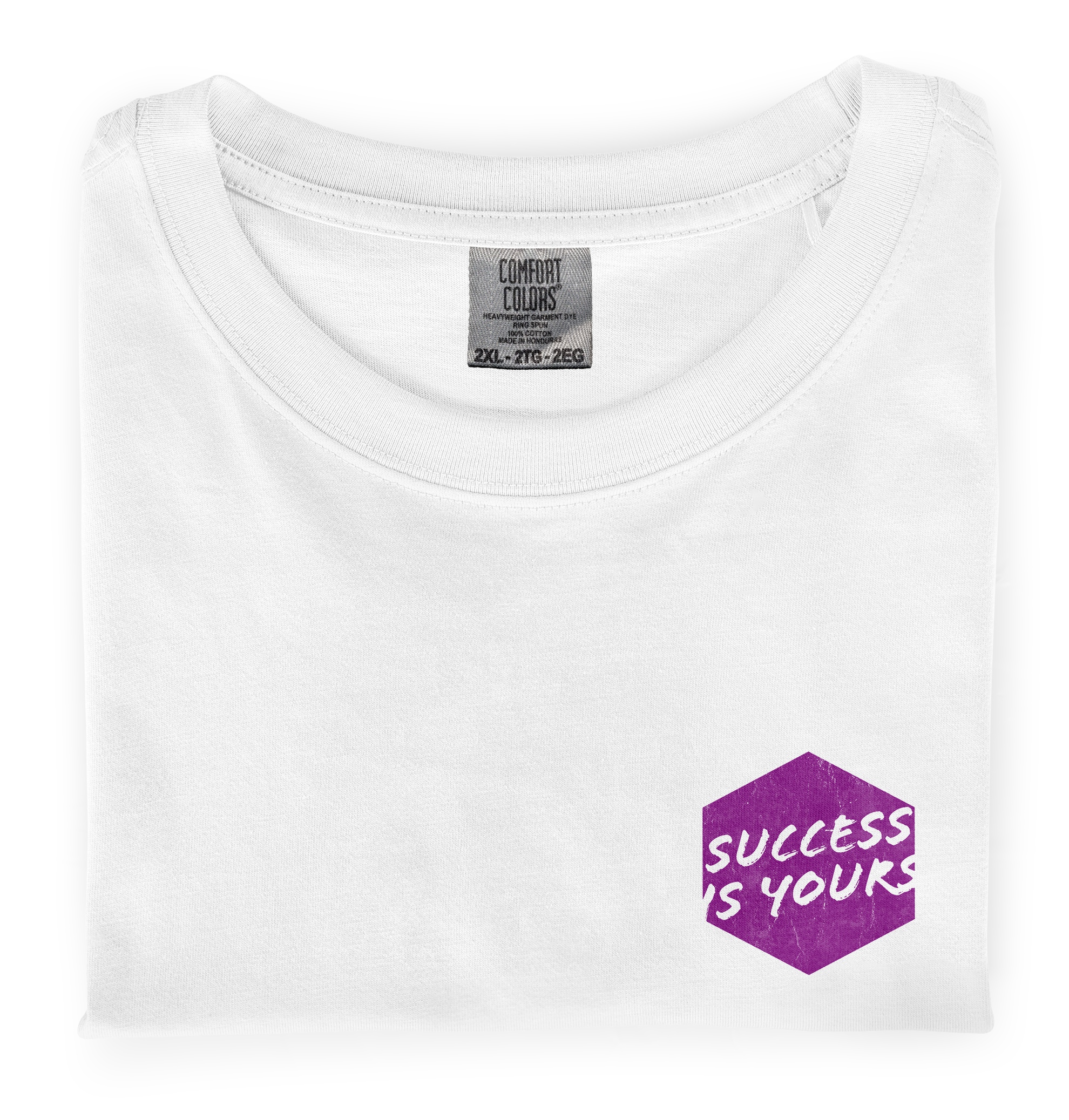 Close-up photo of a folded white colored t-shirt with a graphic printed on the front chest that says Success is Yours.