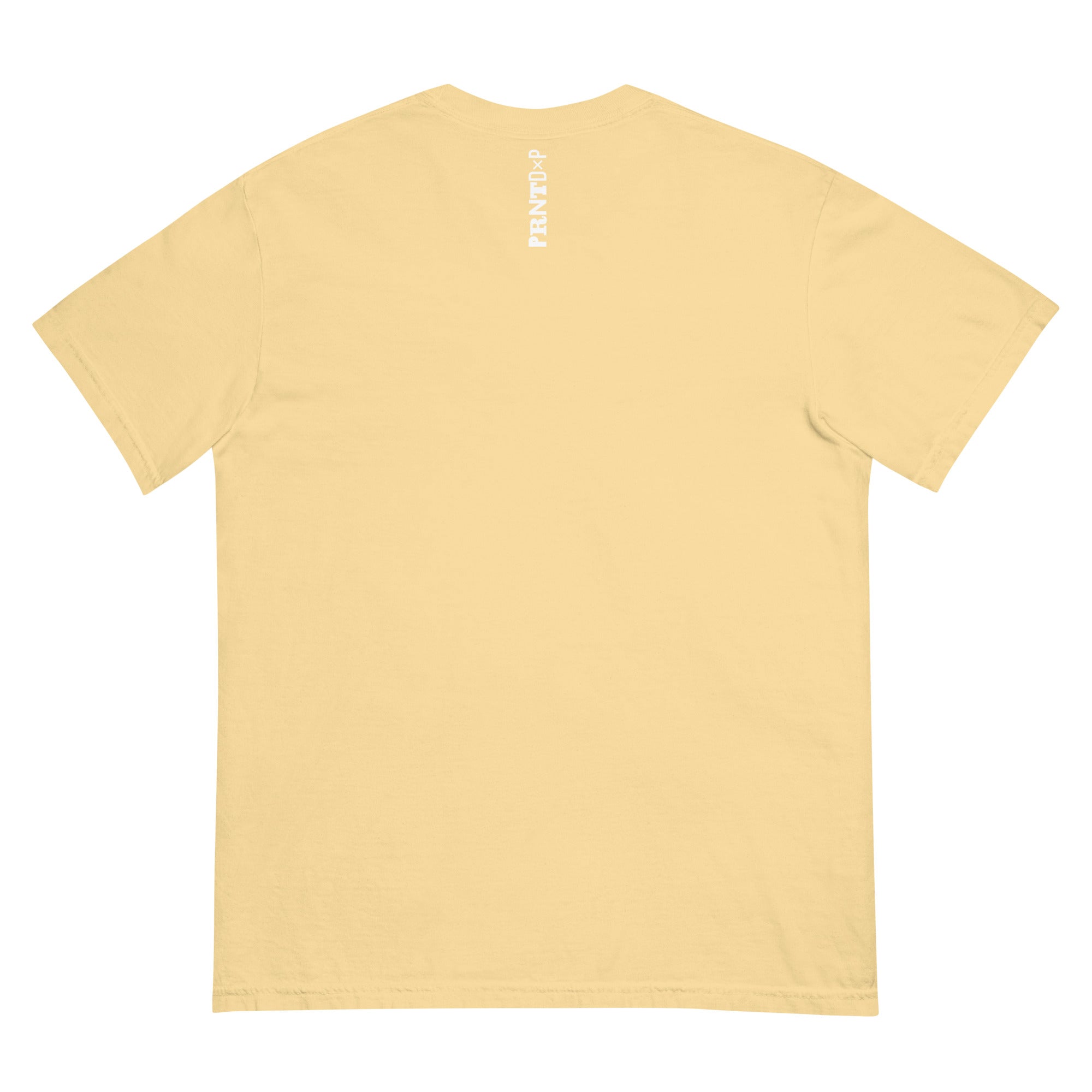 Picture of a flat, butter dyed-ink comfort colors t-shirt with  an screen printed  imprint on the chest