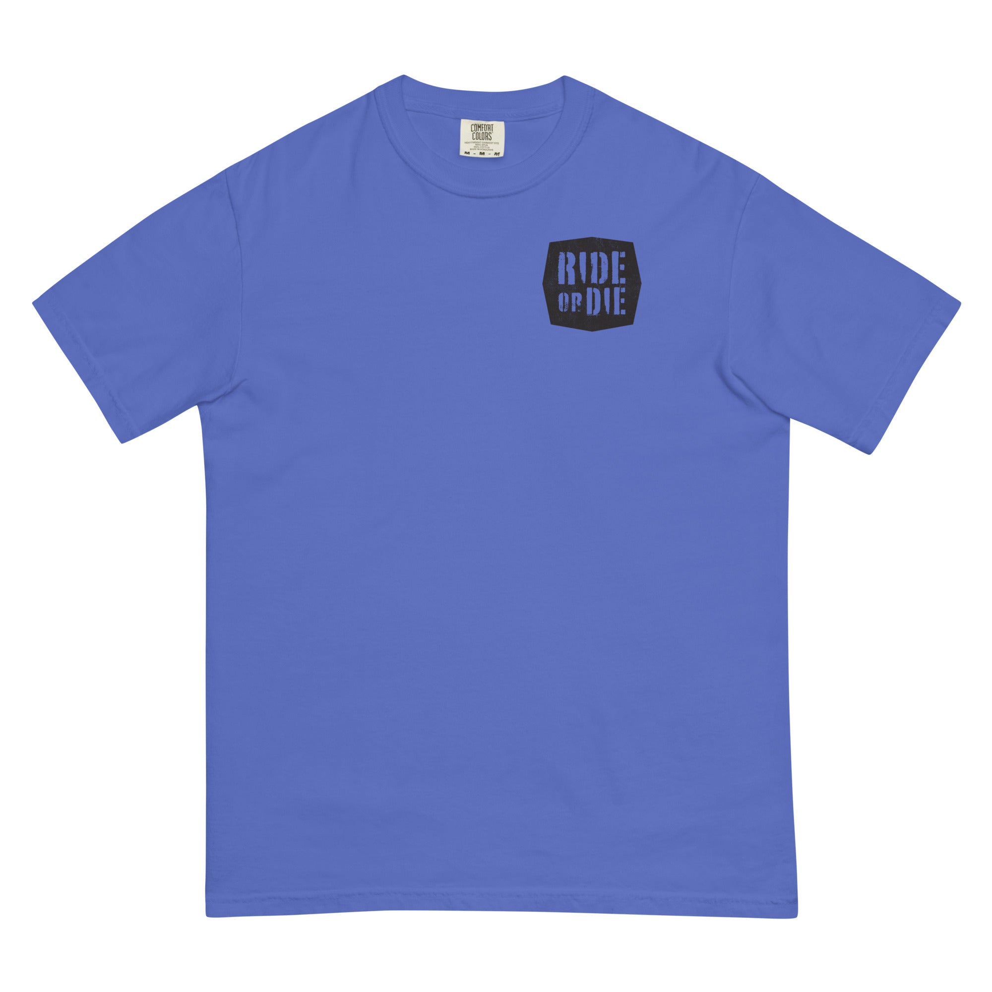 Photo of a blue t-shirt with a graphic that says Ride or Die on it.