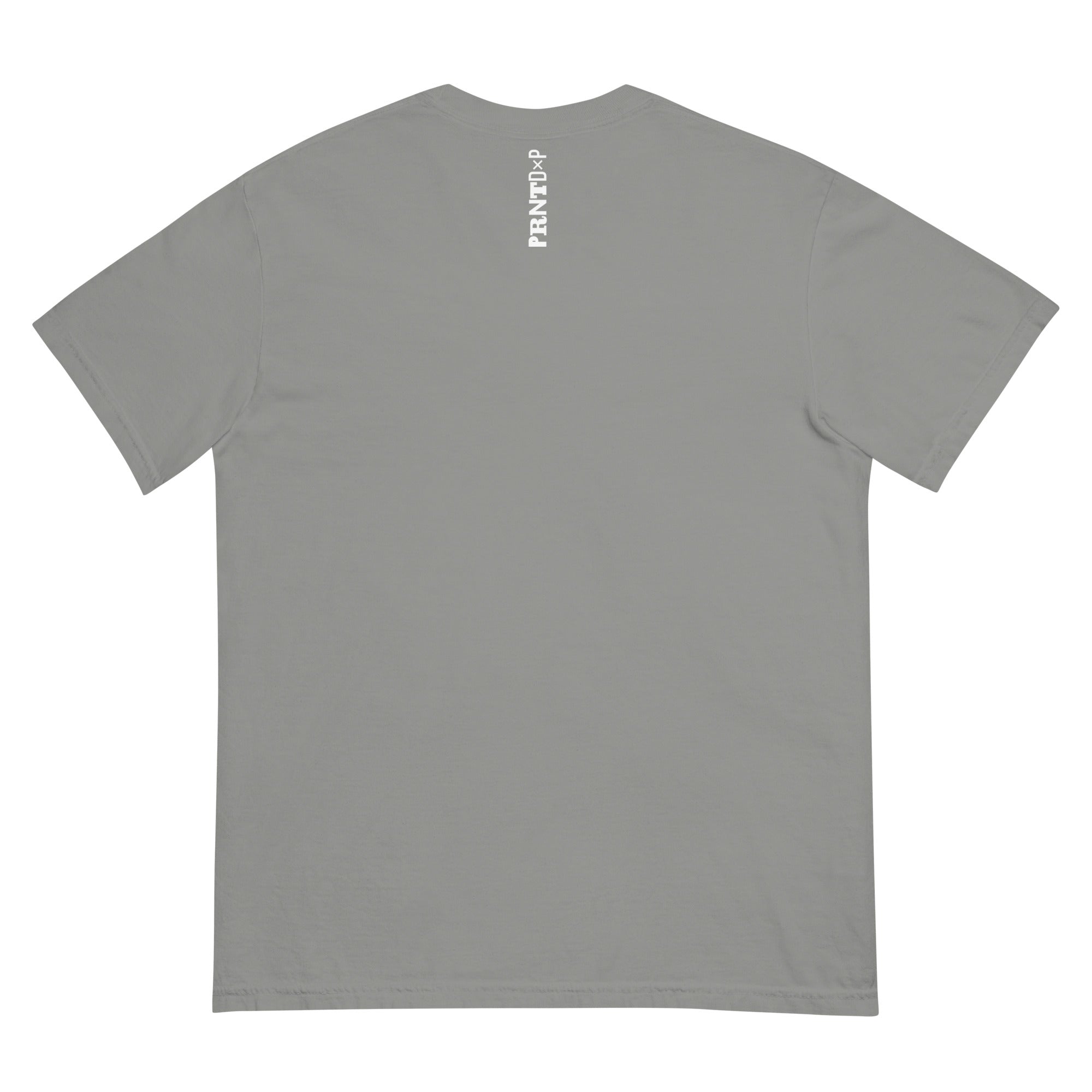 Picture of a flat, butter dyed-ink comfort colors t-shirt with  an screen printed  imprint on the chest