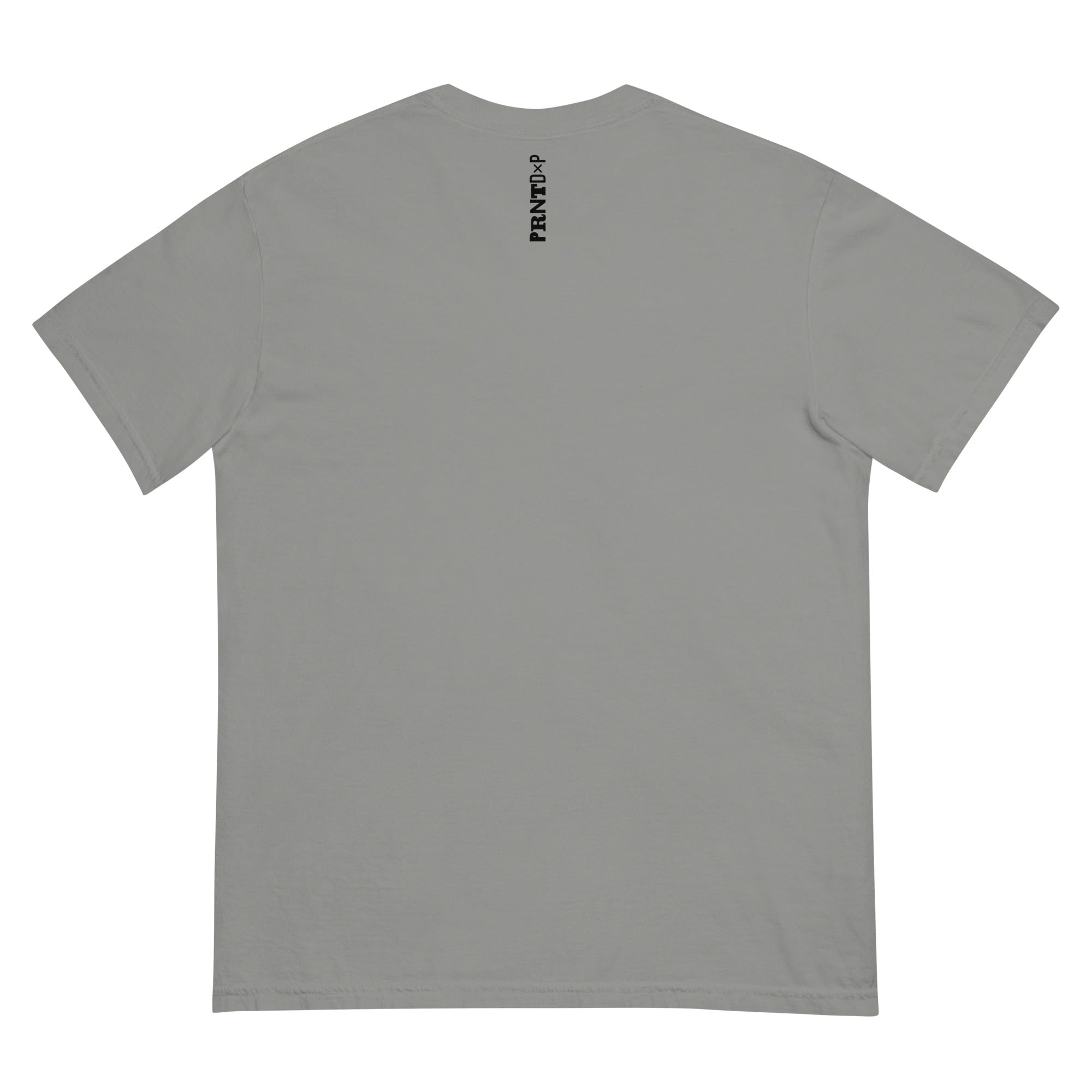 Photo of a grey t-shirt with a graphic on the back that says PRNTDxP.