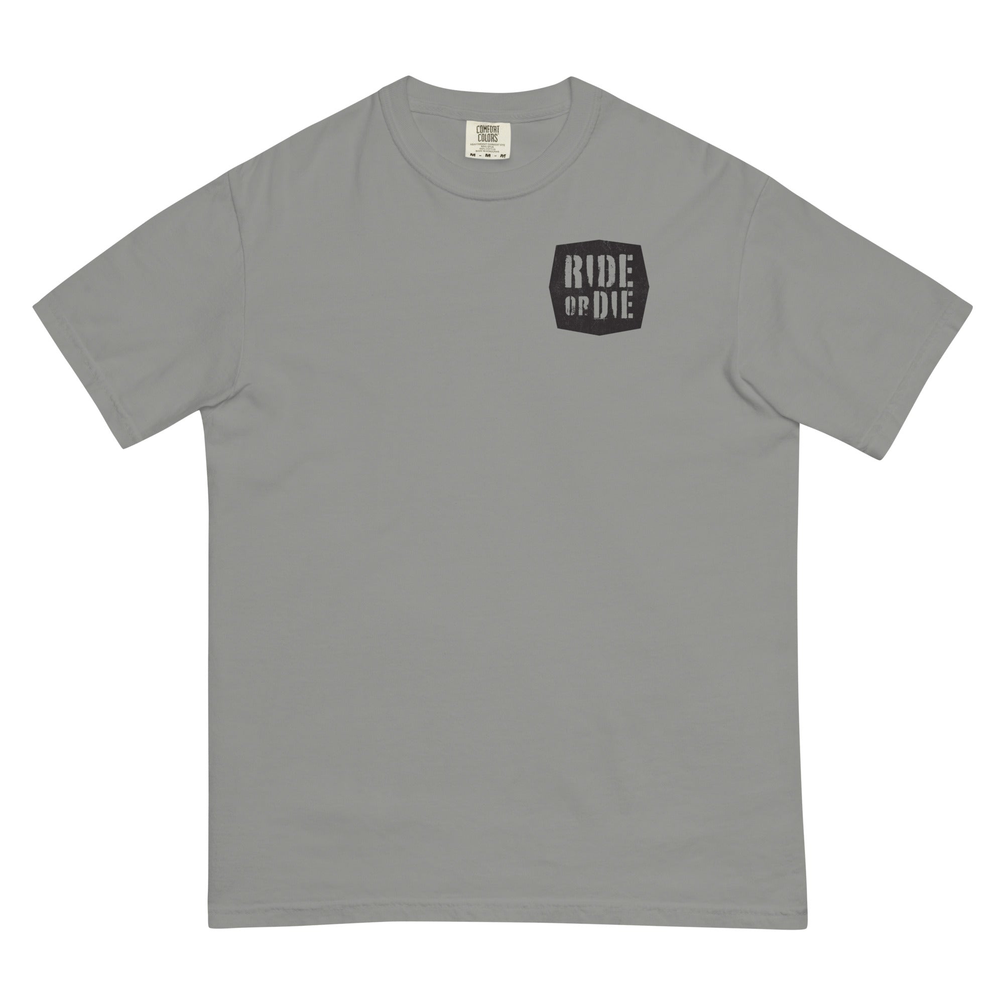 Photo of a grey t-shirt with a graphic that says Ride or Die on it.