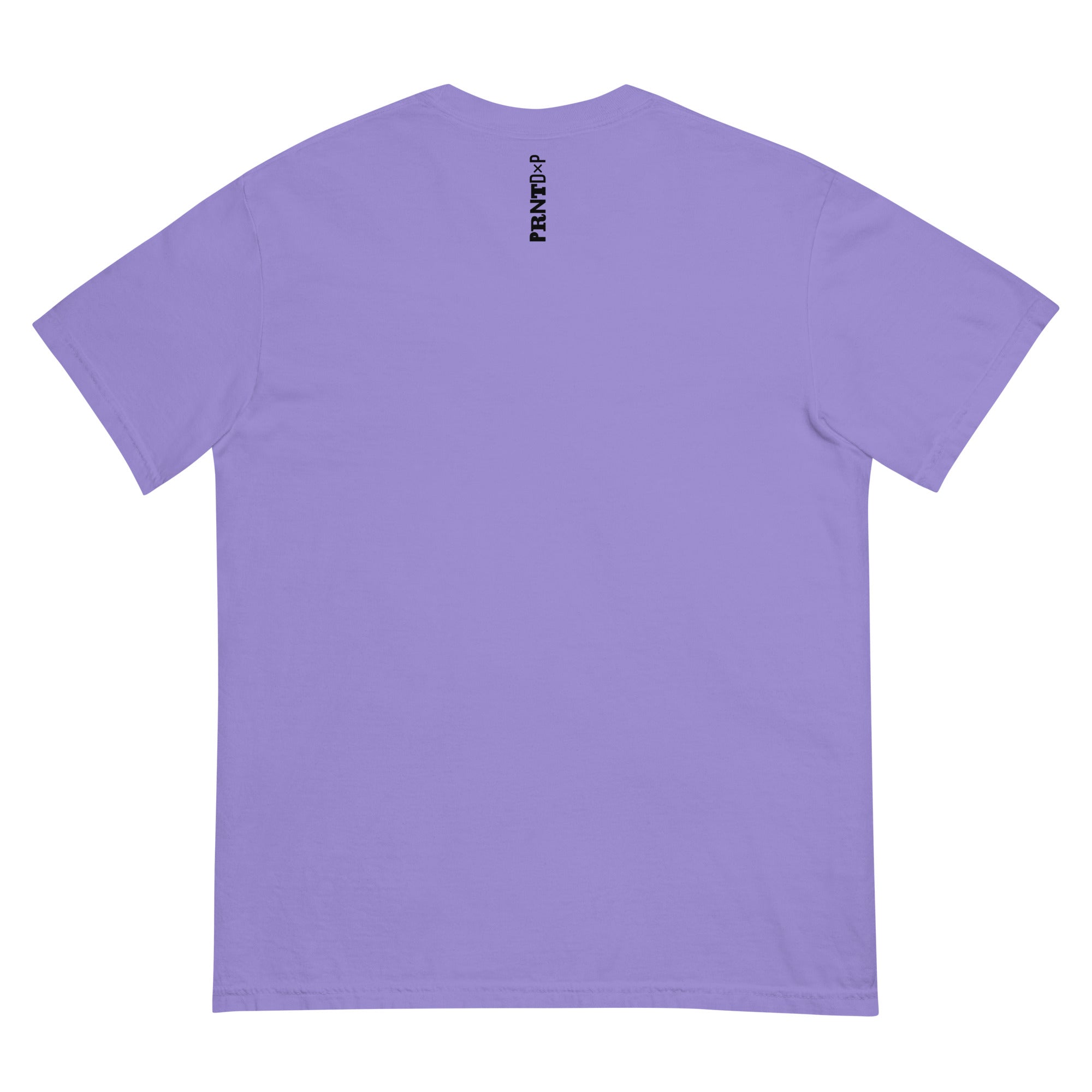 Photo of the back of a violet colored t-shirt with a graphic printed on the front chest that says PRNTDxP.