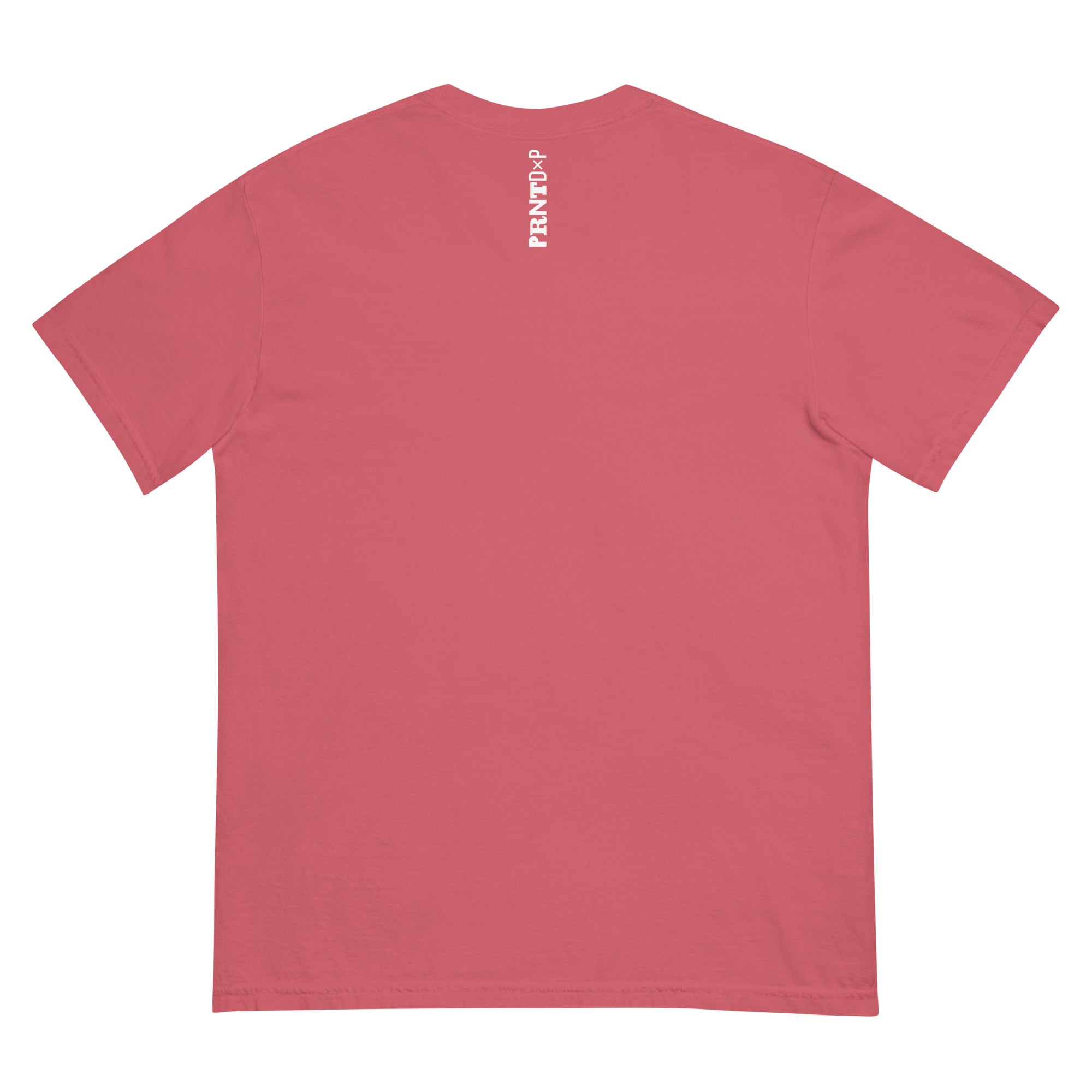 Photo of the back of a watermelon colored t-shirt with a graphic printed on the back that says PRNTDxP