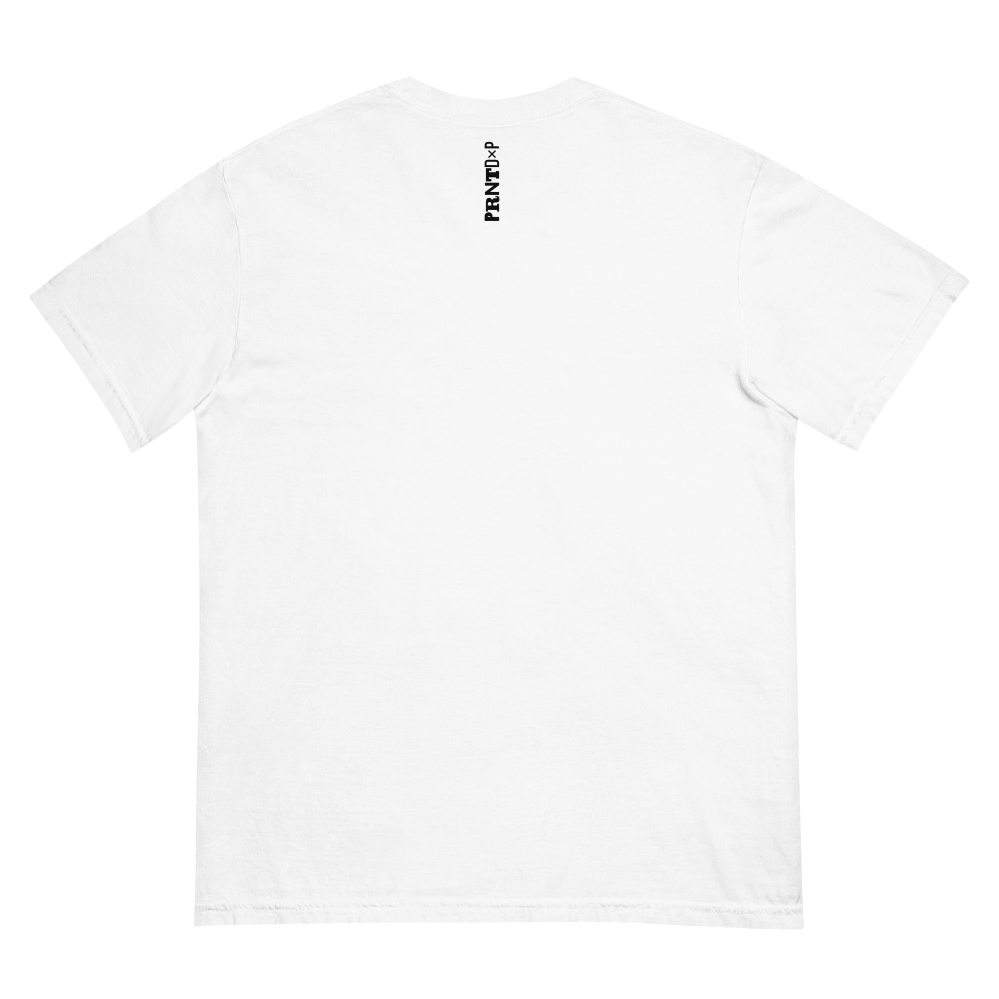 Photo of the back of a white colored t-shirt with a graphic printed on the front chest that says PRNTDxP.