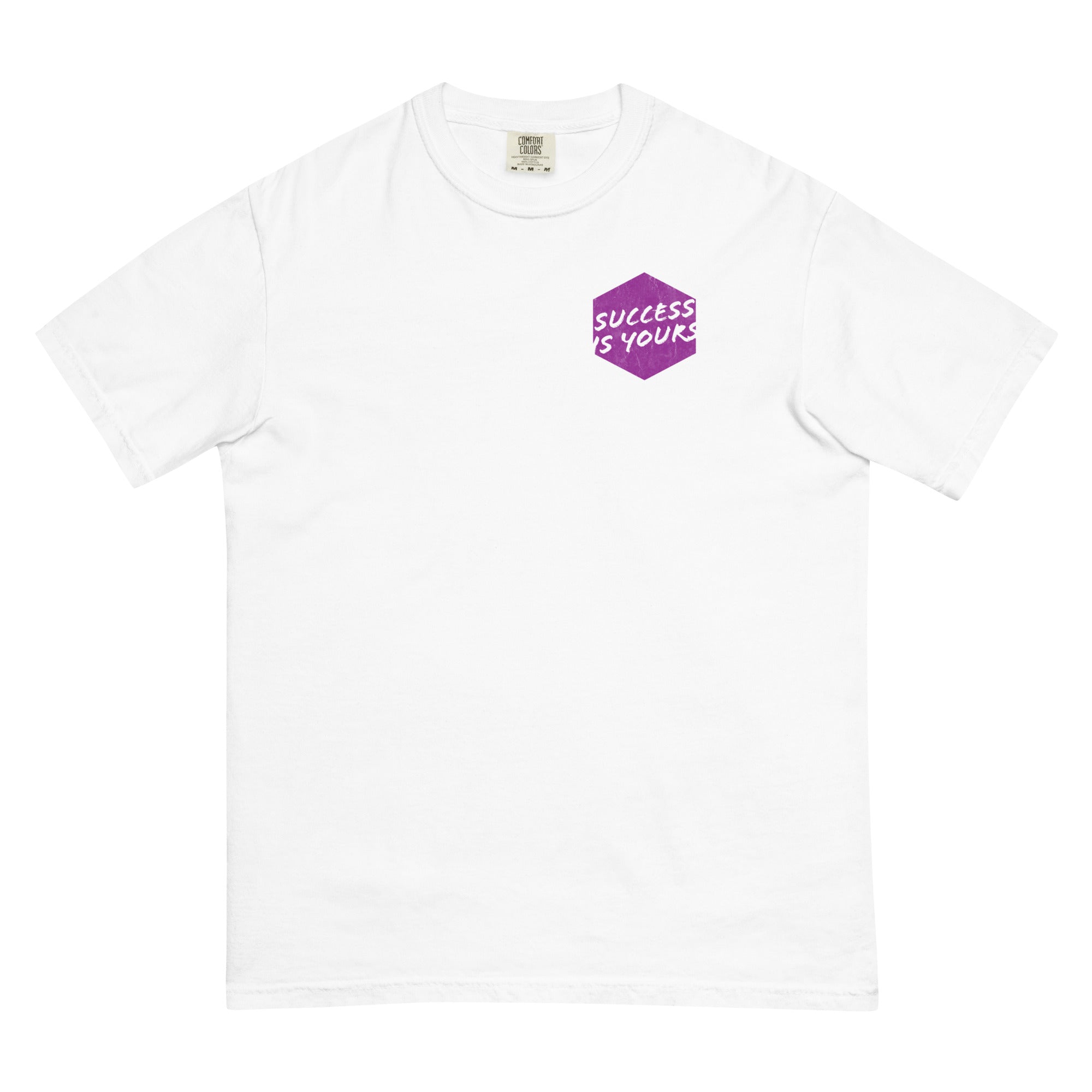 Photo of a violet colored t-shirt with a graphic printed on the front chest that says Success is Yours.