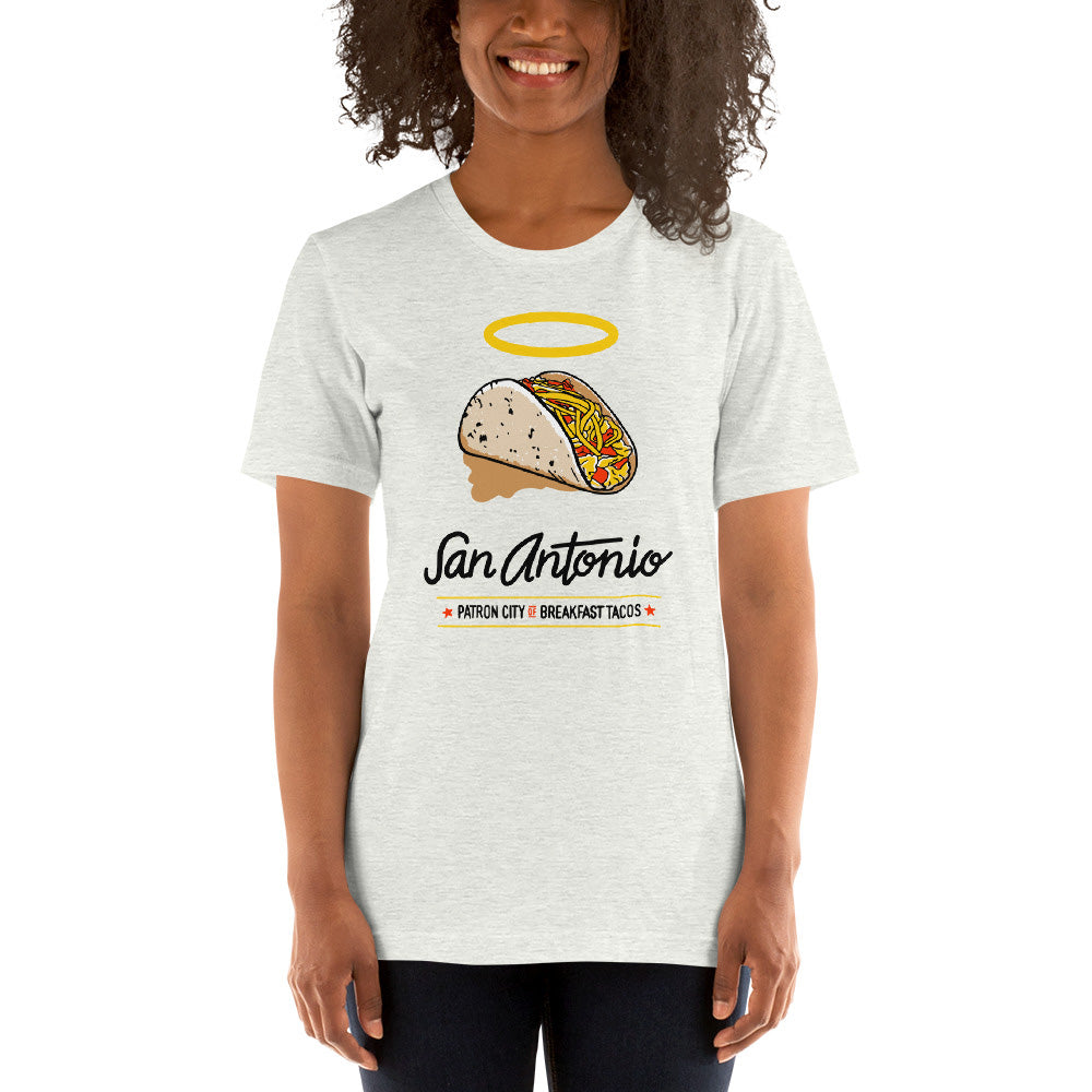 Young African-American woman wearing a Tshirt with cool graphic about San Antonio, Texas