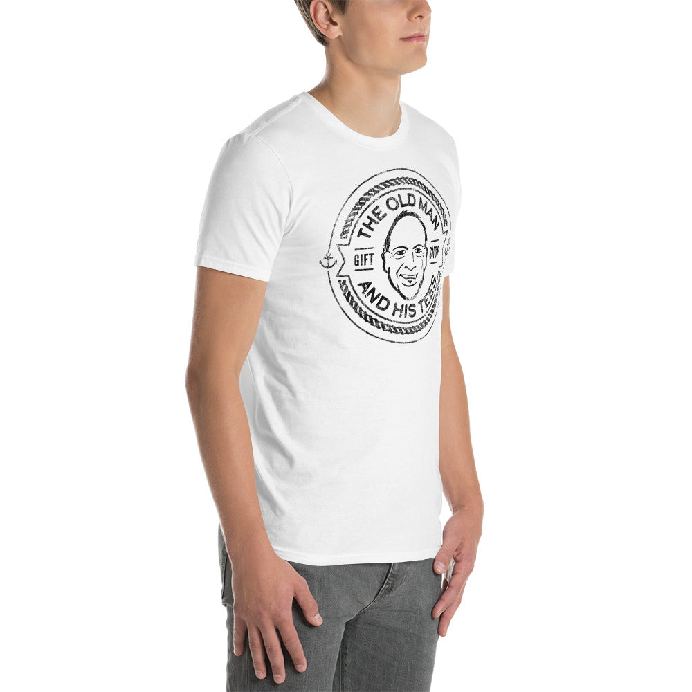 A picture of a young man wearing a white  Tshirt with vintage stamp of logo for The Old Man and His Tees Gift Shop