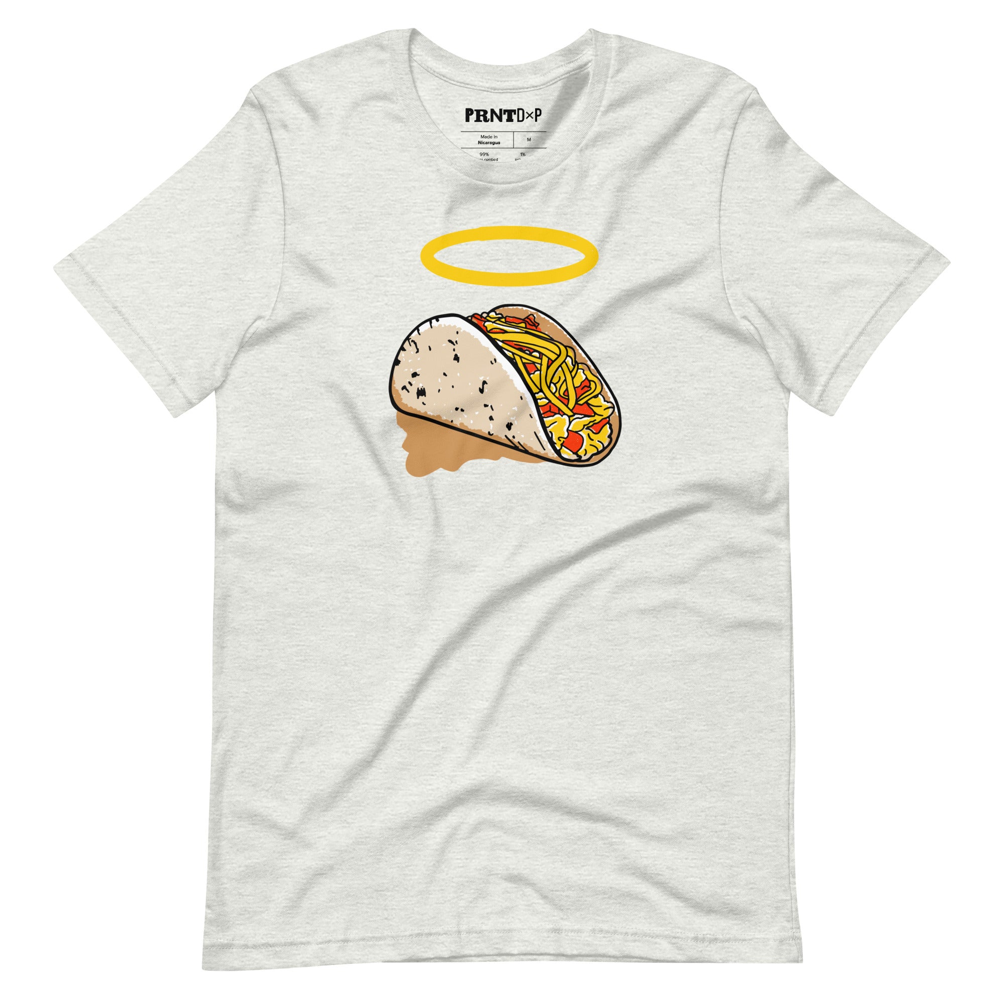 Ash colored T-shirt with a graphic of a breakfast taco with a halo.