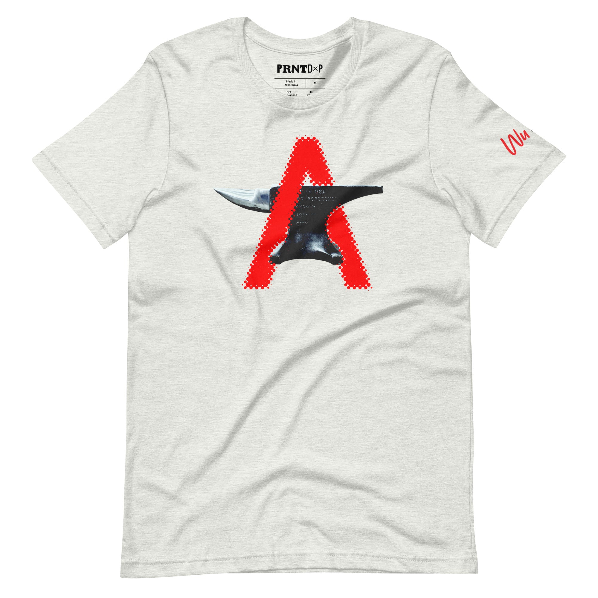 A flat view of an ash colored t-shirt with a graphic red letter a intertwined with a photo of a black anvil.