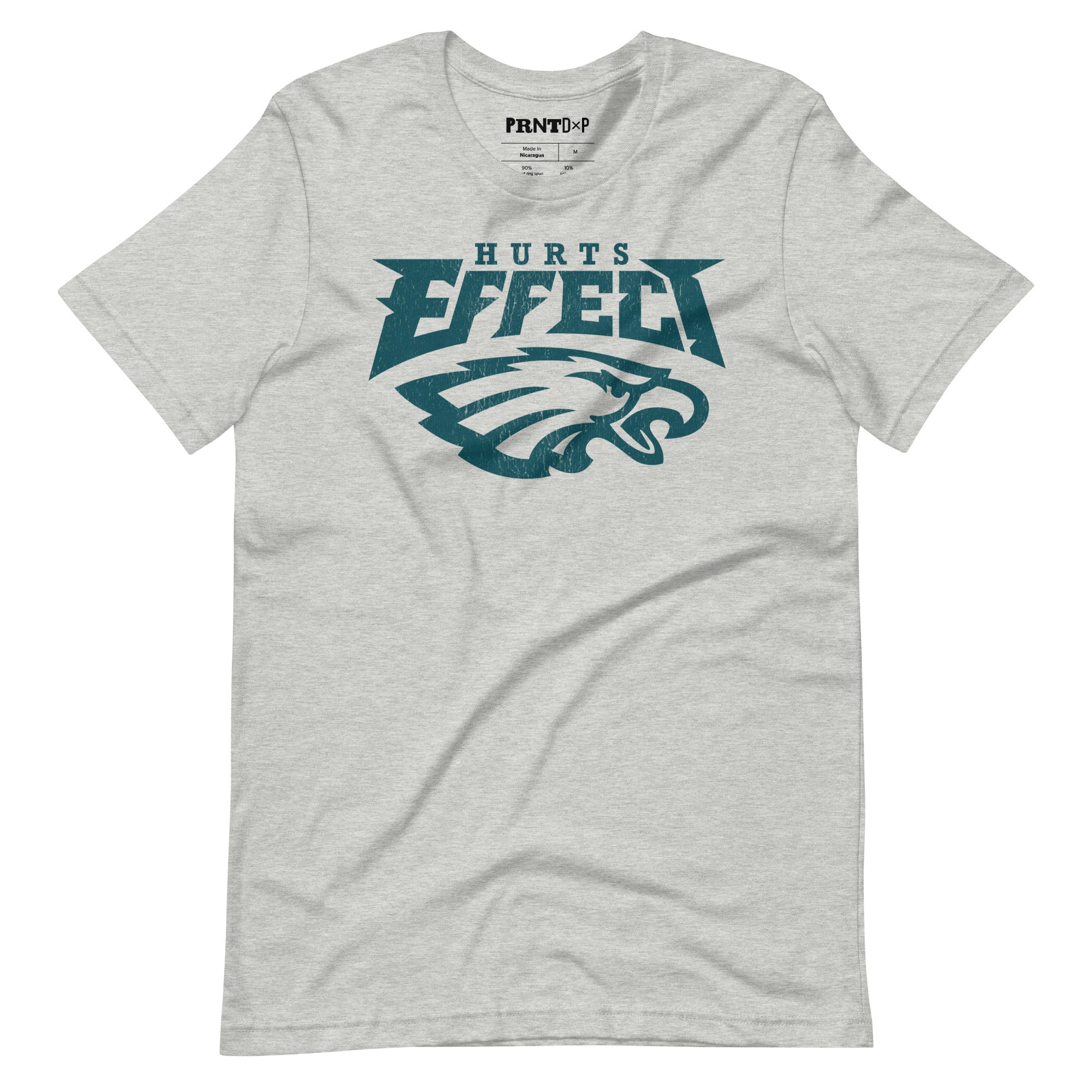 Picture of the front of a gray heather t-shirt with a graphic on a Philadelphia eagle on the front that says 