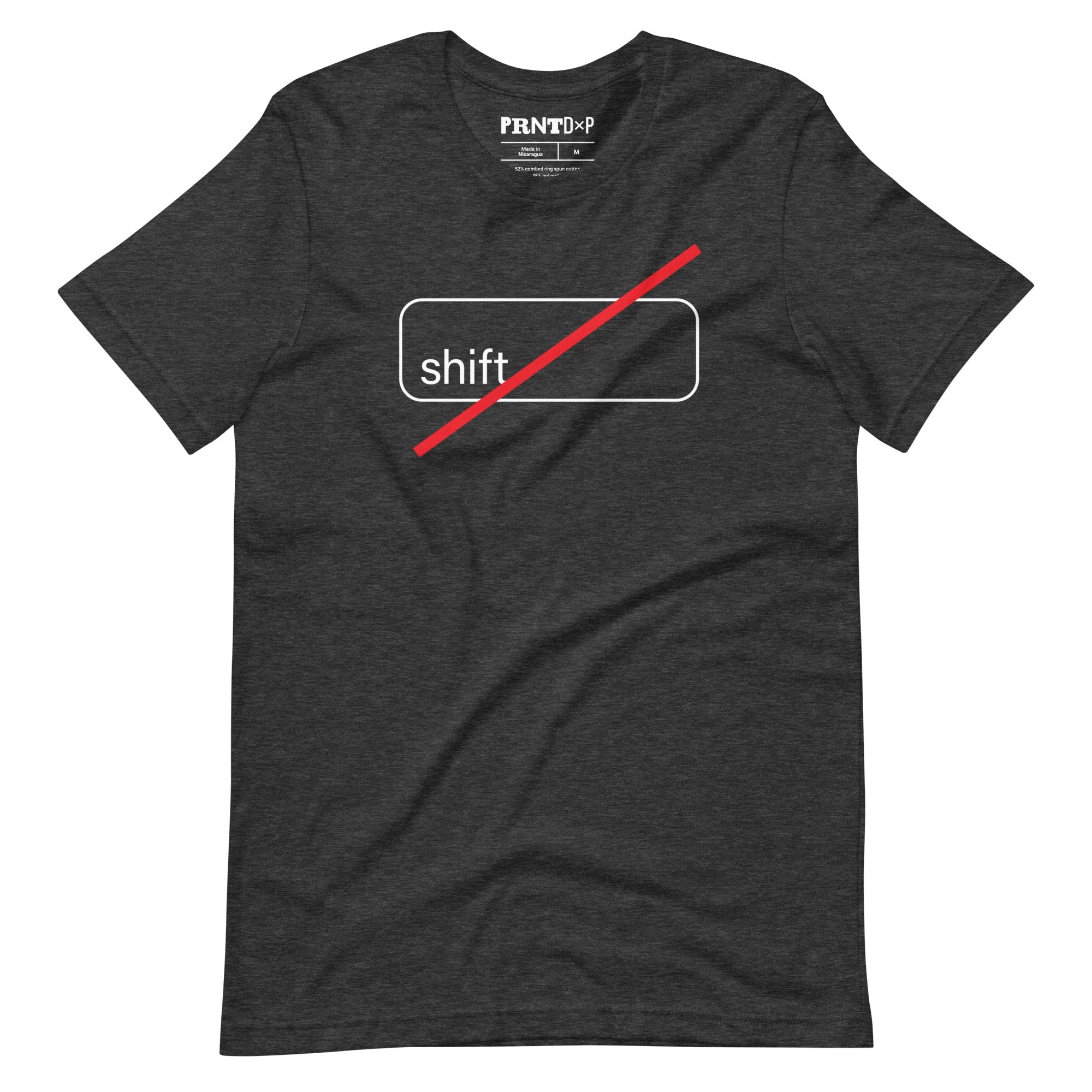 Dark gray shirt with a graphic of a shift key and a red line crossing through it