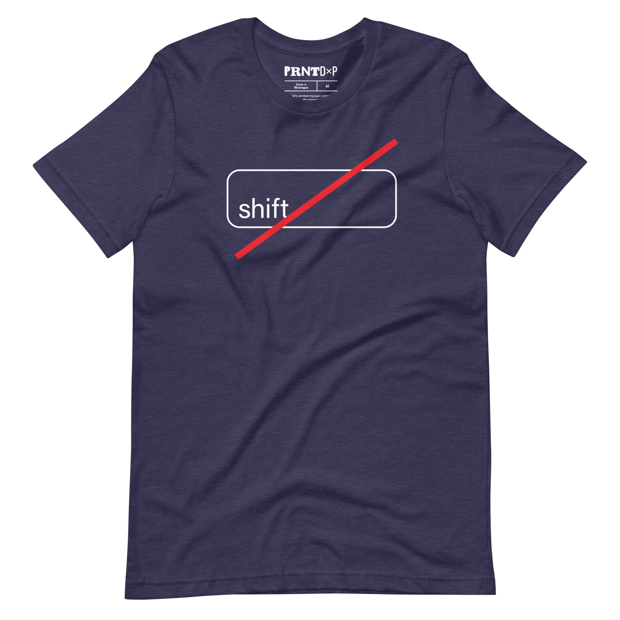 Heather Navy t-shirt with a graphic of a shift key and a red line crossing through it