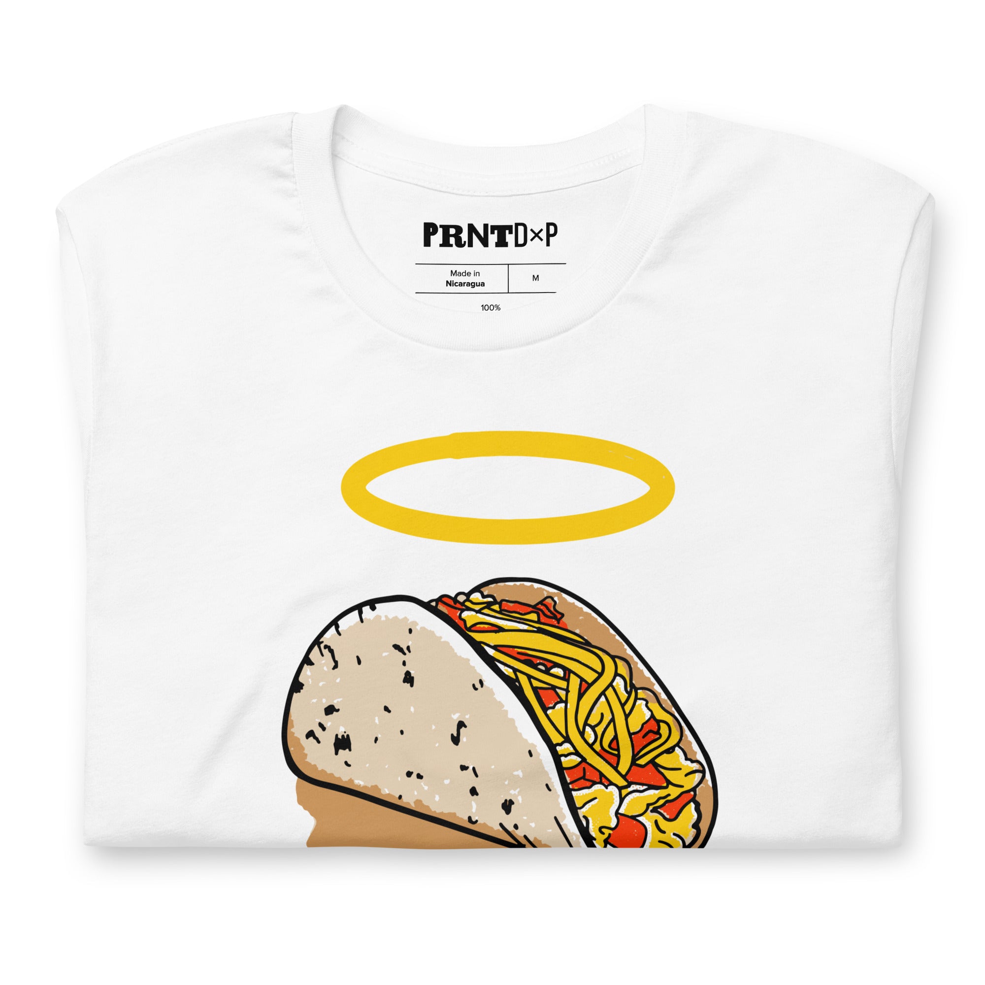 Close-up view of an ash colored T-shirt with a graphic of a breakfast taco with a halo.