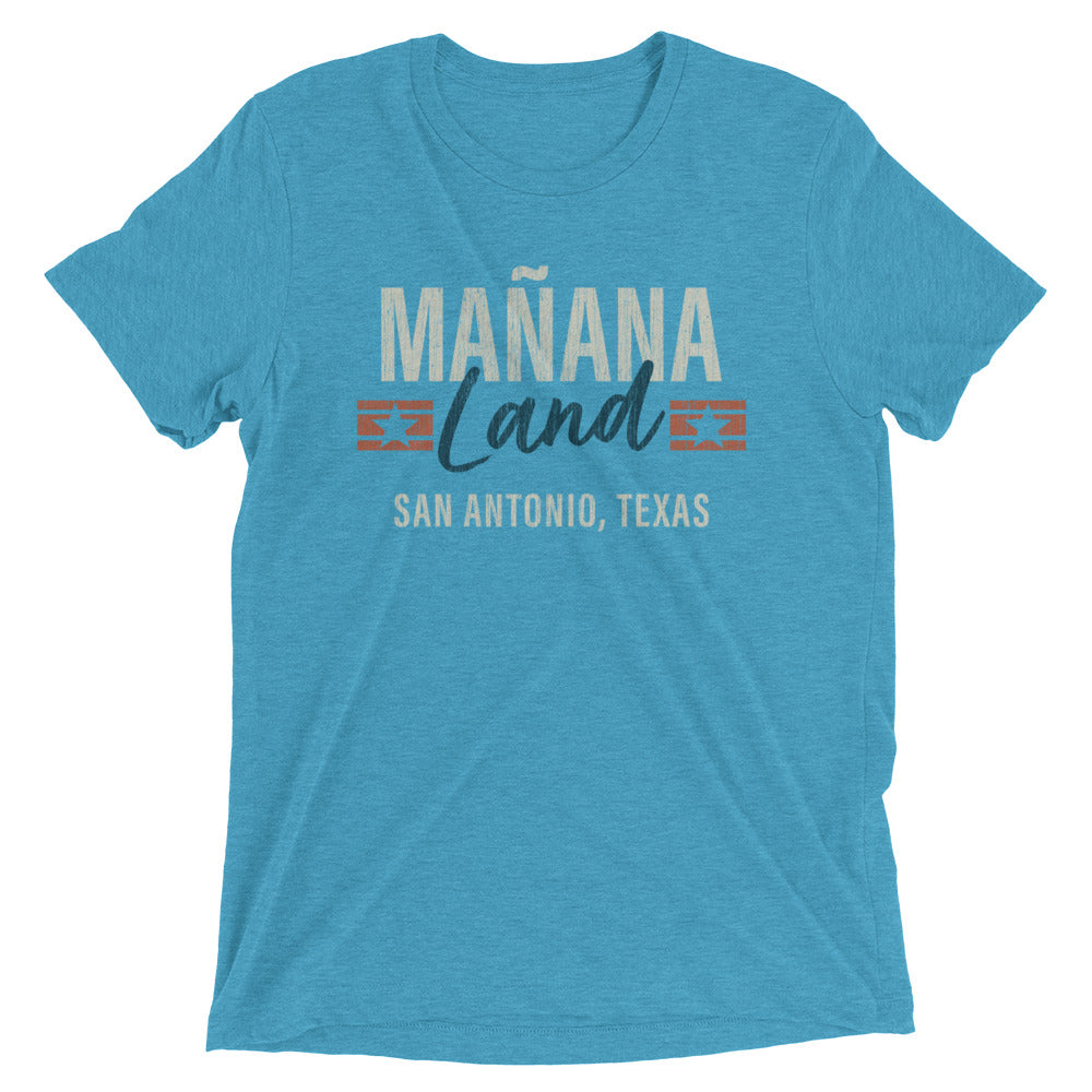 Aqua Blue unisex t-shirt that has a distressed graphic printed on it that reads San Antonio, Texas