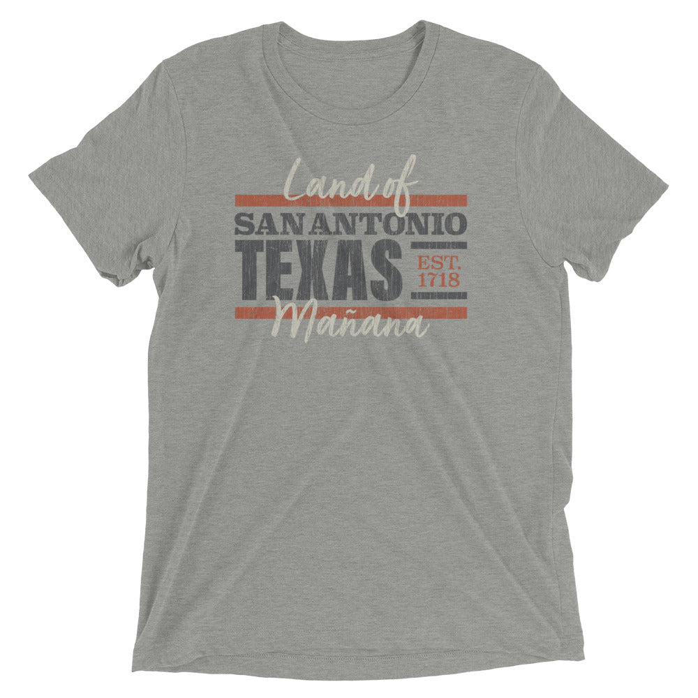 Gray unisex t-shirt that has a distressed graphic printed on it that reads San Antonio, Texas