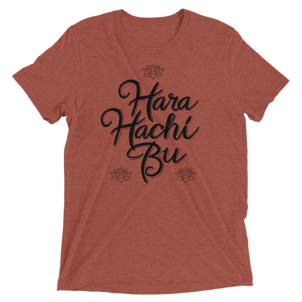 A mauve t-shirt that says Hara Hachi Bu in a custom brush typeface.