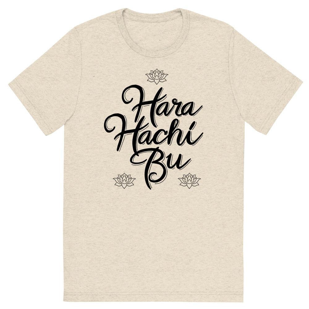 An Ash colored  t-shirt that says Hara Hachi Bu in a custom brush typeface.
