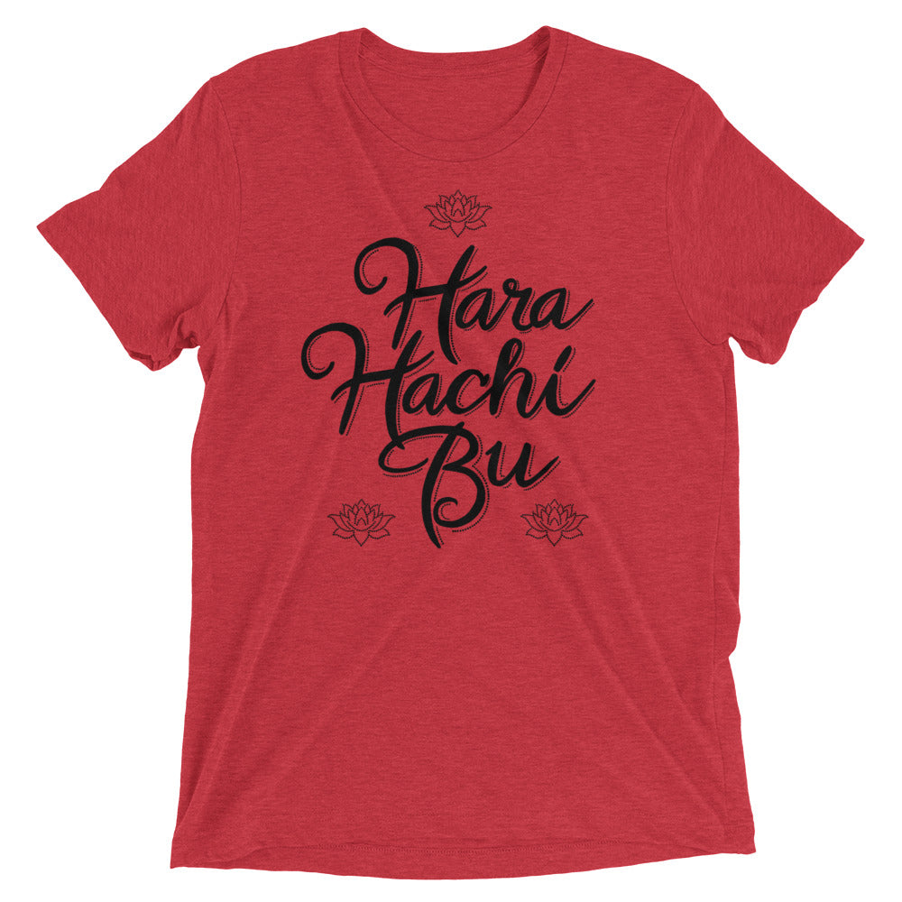 A red t-shirt that says Hara Hachi Bu in a custom brush typeface.