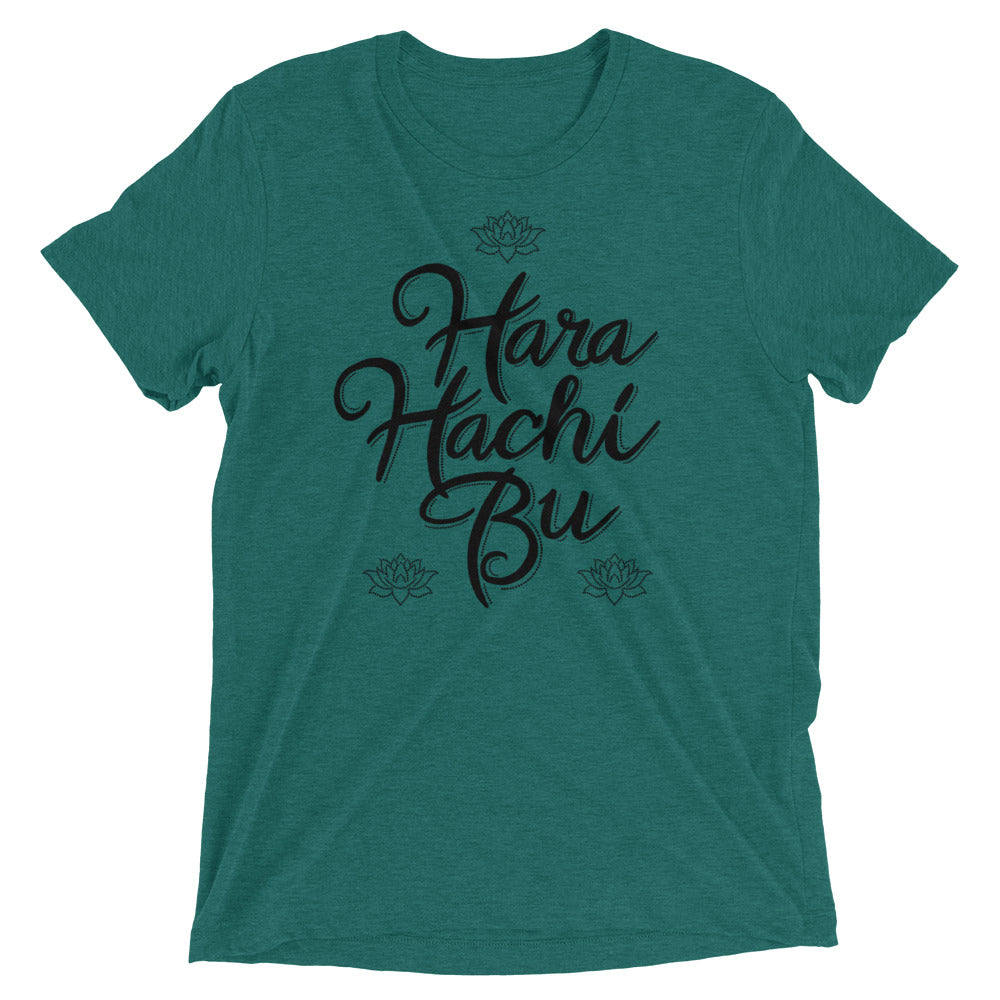 A green  t-shirt that says Hara Hachi Bu in a custom brush typeface.